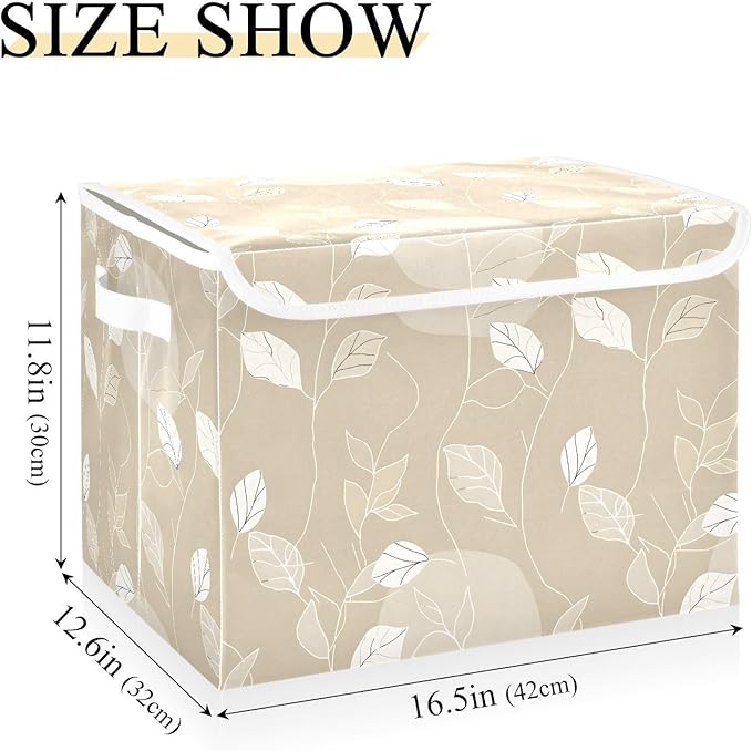 Large Storage Bins with Linen Collapsible Foldable Storage Cubes Fabric Closet Organizer Containers box with Flip-Top Lid for Home Bedroom Office 16.7 x 12.6 x 11.8in (White Line Leafs Ink Beige)