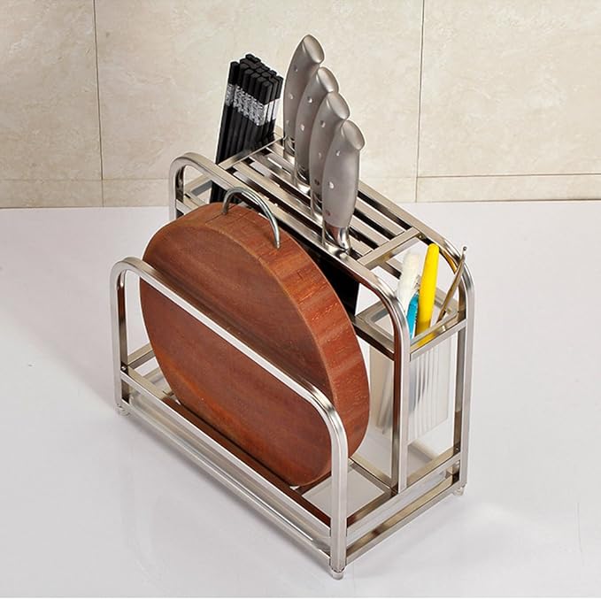 Knife Holder Storage Organizer with Hooks, Stainless Steel Knife Block Holder Cutting Board Rack,Kitchen Utensils Holder with Drainer Tray for Kitchen Countertop