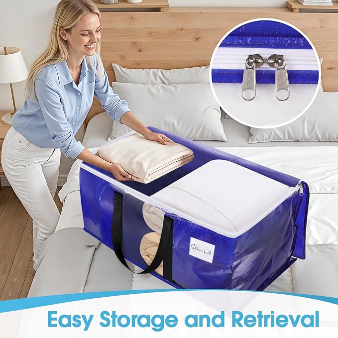 BlissTotes 2 Pack Moving Bags with Clear Window, Storage Bags with Strong Carrying Handles & Zippers,Large Packing Bags for Saving Space, Alternative to Moving Boxes(Blue,33 Gallon)