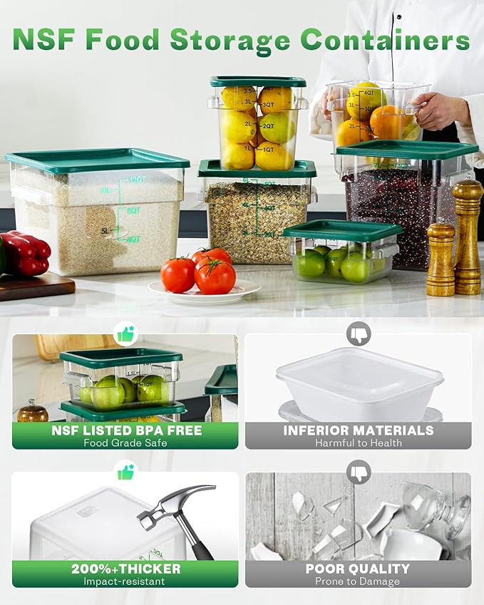 4QT NSF Food Storage Containers: 2 PCS [Food Grade][Hot&Cold Resistant] Commercial Clear Square Food Storage Containers with Scales Handles for Home Restaurant Kitchen Proof Dough(BPA FREE-GREEN)