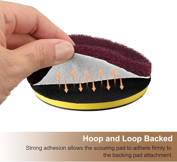 HARFINGTON 16pcs Scrubber Scouring Pads 500 Grits 5 Inch Drill Power Brush Hoop and Loop Surface Conditioning Disc Drill Scuffing Disc Scrub Pads for Home Kitchen Cleaning, Red