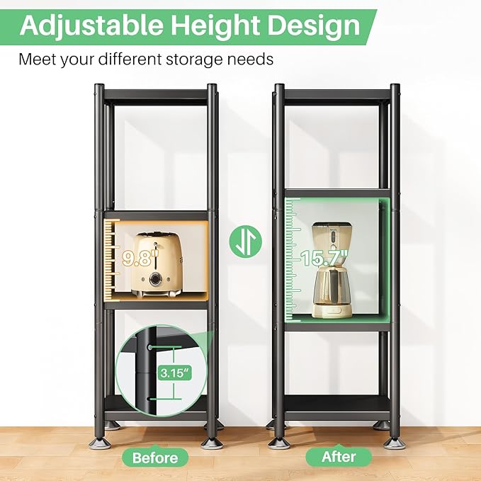 PXRACK Storage Shelves with Rolling Wheels, Adjustable 4 Tier Metal Shelving Unit for Storage Heavy Duty, Small Storage Rack Shelf for Corner of The Kitchen Bathroom Living Room Garage Office, Black