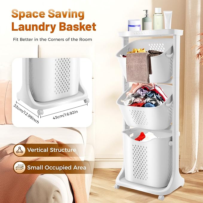 GOSHET Laundry Basket, 3 Tier Sorter Clothes Storage Hampe Organizer Shelf Rolling Cart With 4 Wheels 55.12lbs Load White For Kitchens, Bathrooms, Bedrooms, Dormitories, Classrooms, Laundry Rooms
