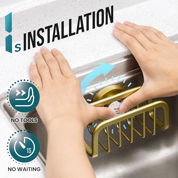 TAILI Sponge Holder for Kitchen Sink with Strong Suction Cup, Rustproof Aluminum Sink Caddy for Sponges, Removable Sponge Holder, Dish Brush for Scraper - Gold