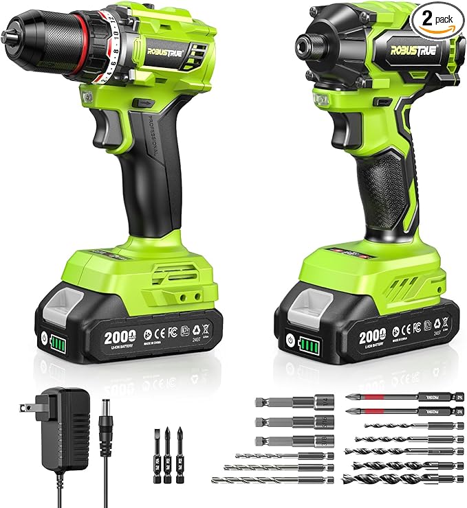21V Cordless Drill & Impact Driver Combo Kit, 3/8" Drill & 1/4" Impact Driver, 2×2000mAh Batteries, Fast Charger, 16-Piece Bit Set for DIY Projects, Furniture Assembly & Home Repairs