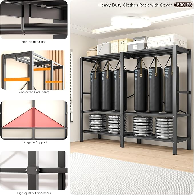 Foldable Portable Armoire Wardrobe Closet for Hanging Clothes Rack, Heavy Duty Covered Clothes Rack with Cover(HARDBOARD Magnetic), Closet Garment Rack for Bedroom Storage (KT Coffee, 66.14in)