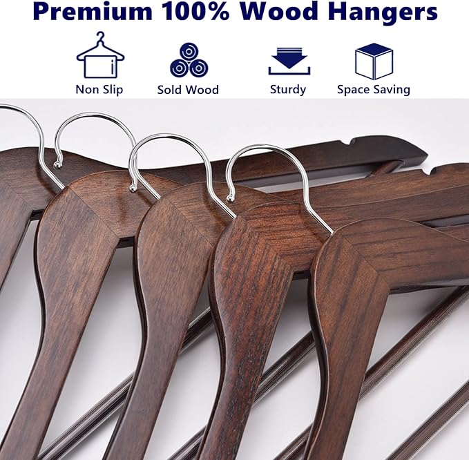 Amber Home 20 Pack Walnut Wooden Coat Hangers, Vintage Wood Suit Hangers with Non-Slip Pant Bar, Clothes Hangers for Closet Organization, Shirts, Jackets, Dresses, and Pants (Retro, 20)
