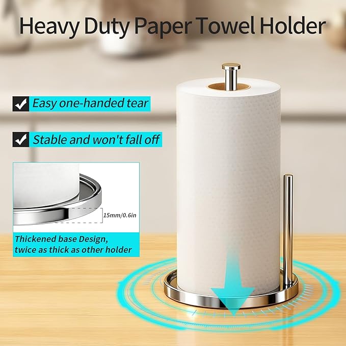 Paper Towel Holder Countertop, Standing Paper Roll Holder with Anti Slip Weighted Base, Stainless Steel Freestanding Paper Towel Holder for Kitchen, Chrome