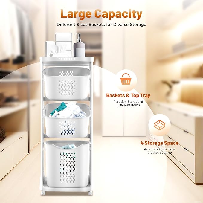 3 Tier Rolling Laundry Basket, Stacked Laundry Basket Organizer, Free Standing Portable Storage Baskets, Rolling Laundry Hamper Cart with 4 Wheels for Clothes, Toiletries, Snacks