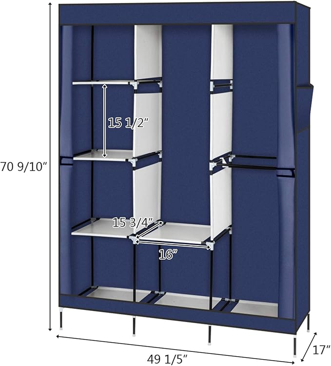 Portable Closet Wardrobe,71'' Closet Storage Organizer Rack with Shelves and Cover for Hanging Clothes, Non-Woven Fabric, Quick and Easy to Assembly (Blue)