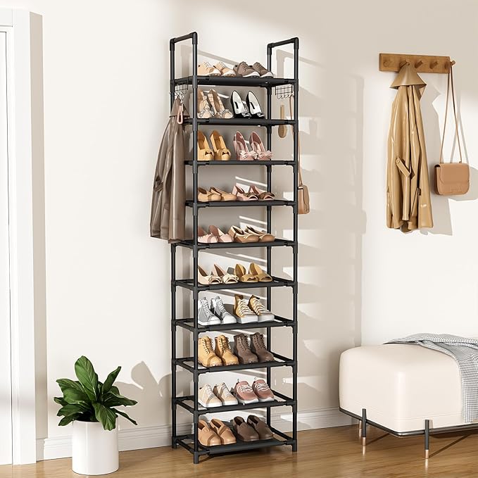 LANTEFUL 10 Tiers Shoe Rack 25 Pairs Large Capacity Tall Shoe Organizer Sturdy Shoe Storage with Two Hooks Space Saving Metal Narrow Shoe Rack for Closet, Entryway, Bedroom, Black