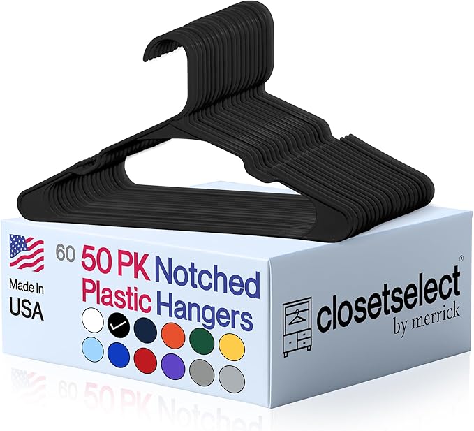 Closetselect Plastic Hangers 50 Pack - Space Saving Clothes Hangers, Made in USA, Durable & Strong Plastic Shirt & Coat Hanger with Notches & Shoulder Grooves, Non-Slip Clothing Hangers | Black