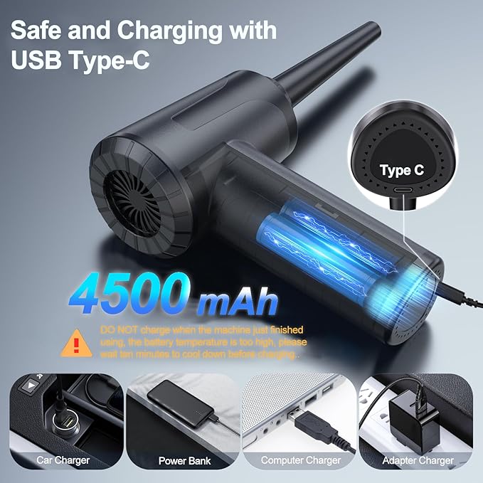 Electric Compressed Air Duster Air Can Duster for Computer Rechargable Air Blower for Car PC 100000RPM Mini Blower Cordless with Led Light Handheld Blower Keyboard Cleaner, Ink Black
