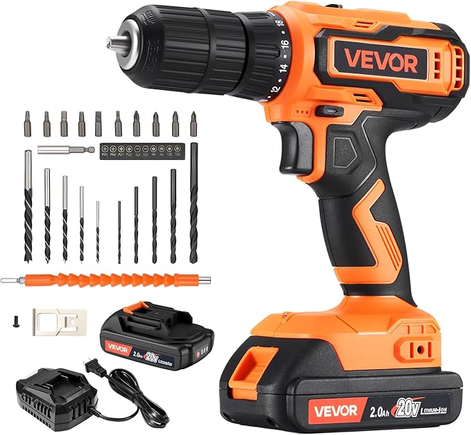 VEVOR Cordless Drill Driver, 1/2 inch Metal Chuck, Dual-Speed Variable, Drill Driver Kit with Lithium Battery and Charger, Belt Clip, for Wood and Metal Drilling, Screw Tightening or Loosening