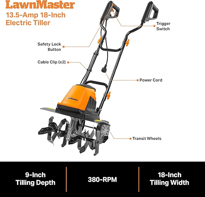 LawnMaster 13.5 Amp 18” Electric Tiller – TE1318M
