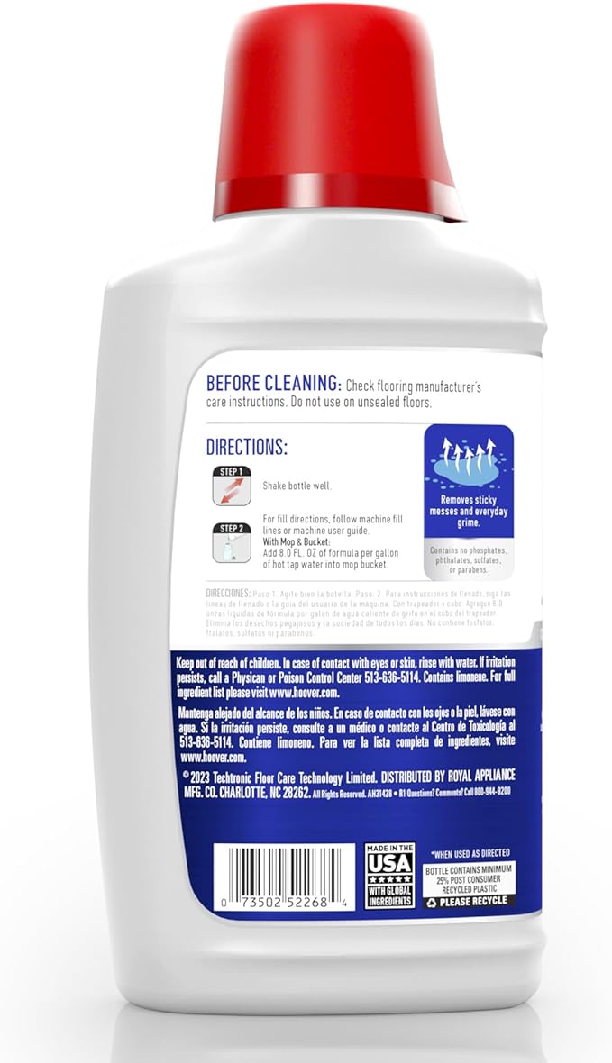 Hoover Hard Floor Cleaner for Sealed Hard Floors, Concentrated Cleaning Solution for Hard Floor Cleaner Machines, 32 fl oz Formula, White, AH31428 (Pack of 2)