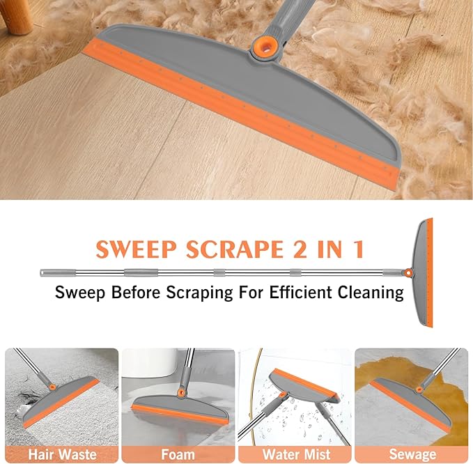 Multifunction Silicone Broom, 54 Inch Long Handle Silicone Floor Squeegee Broom, Sweep and Scrape 2 in 1 Household Cleaning Rubber Broom for Floor, Bathrooms, Kitchens, Showers, Tile, Pet Hair, Glass