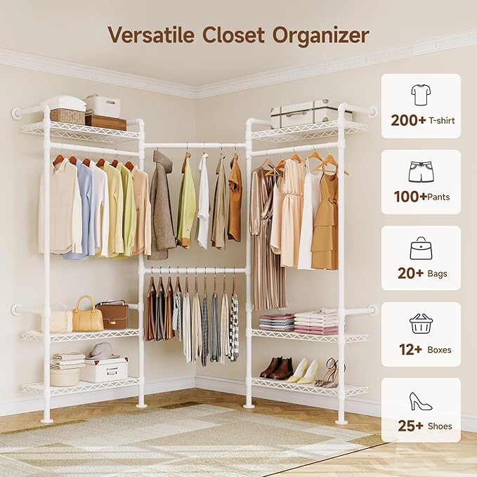 L3 Industrial Pipe Closet Organizer System, Wall Mounted Clothes Rack Clothing Racks with 4 Telescopic Rods & 6 Shelves , Heavy Duty Closet System in Wardrobe Closet (White)