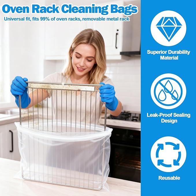 XANGNIER 10 Pack No Scrub Oven Rack Cleaning Bags 27.5*19.6 in,No Cleaner Included,Simple to Use,No Messy Hands Reusable Leakproof Soaking Cleaner Bags for Removable Metal Rack,BBQ Grills,Grill Grate
