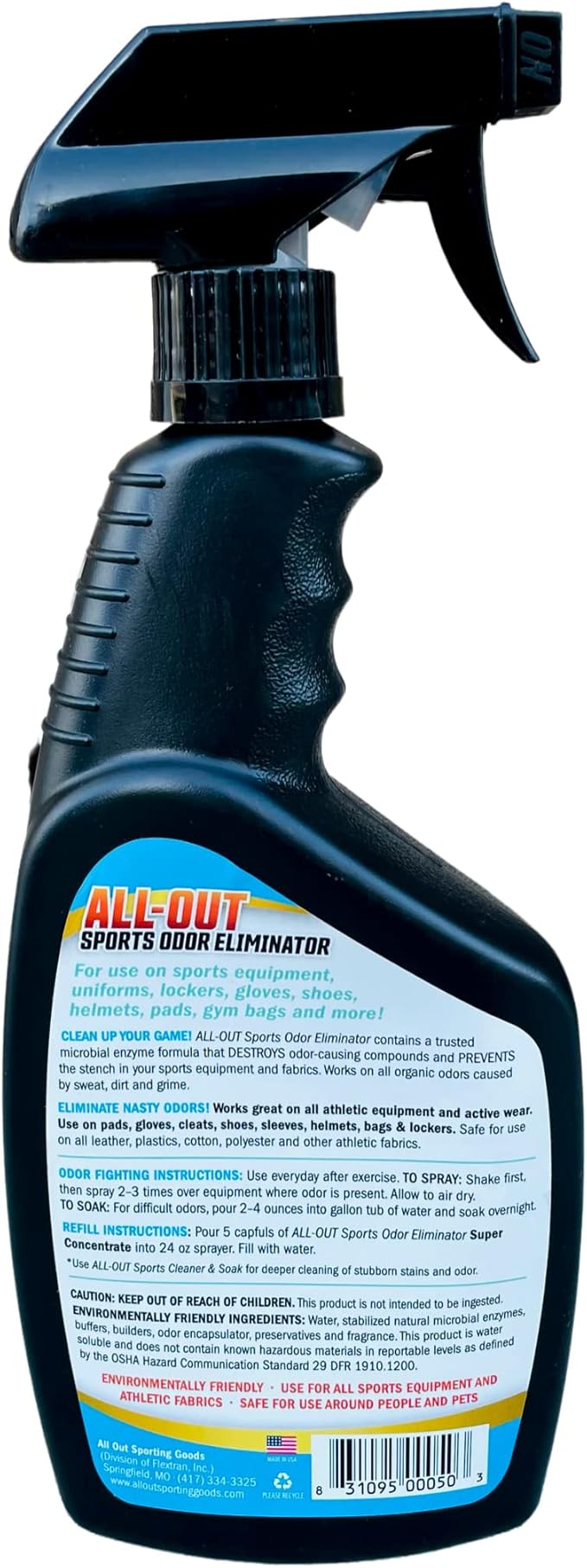 All-Out Sports Odor Eliminator Spray & Deodorizer | Perfect for Smelly Gloves, Hat, Bags, Helmets, Jerseys, Pads, Gear, Shoe & All Other Odors.| Best Formula | 24 oz Spray Bottle (AO503) | Fresh Scent