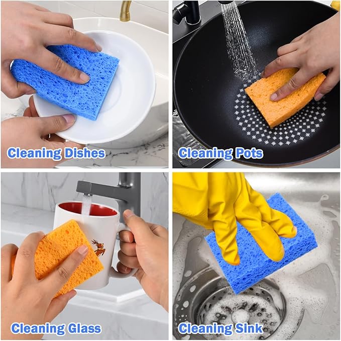 YoleShy 20 Pack Sponges Kitchen Natural Compressed Cellulose Sponges for Dishes Non Scratch for Household Cookware Bathroom Cars Soft Super Absorbent Reusable, Blue and Yellow
