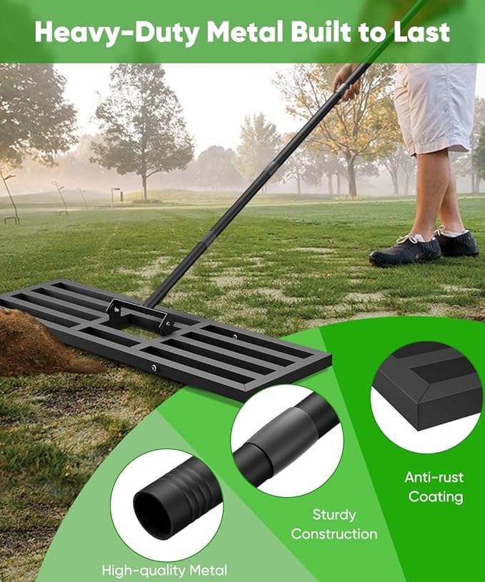 36x10 inch Lawn Leveling Rake, Upgraded Lawn Leveler Tool Heavy Duty Reinforced Connection, Garden Rake with Adjustable Long Handle, Ground Leveler for Yard Smoothing Soil Grass Dirt Sand