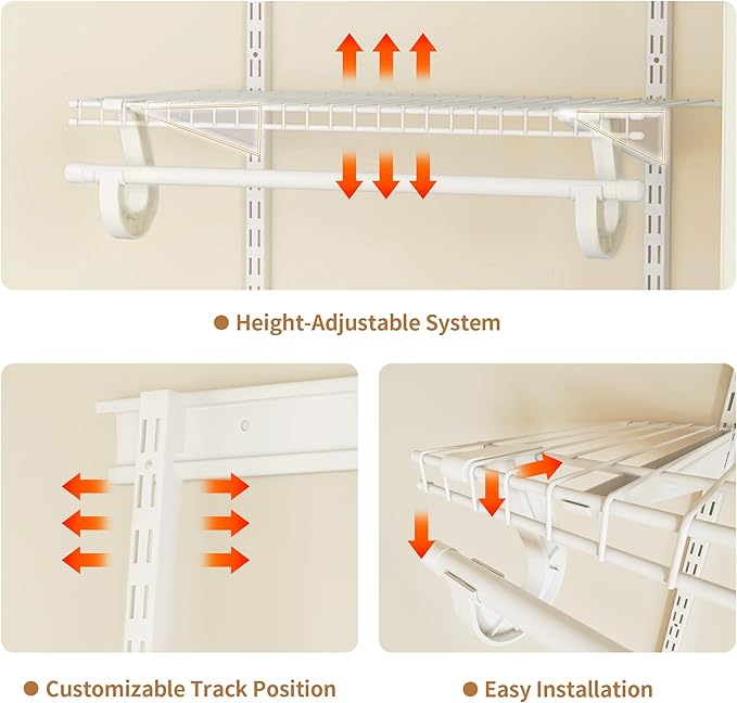PROWORX 5-8 Ft Closet Organizer System, White Adjustable Custom Metal Wire Shelving Wall Mounted, Expandable Organization and Storage Shelf Kit with Hanging Rods