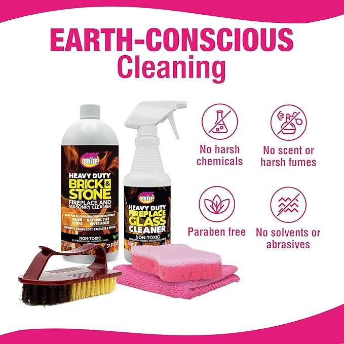 Quick 'n Brite Fireplace Cleaning Kit – Includes 16 oz Fireplace Glass Cleaner, 32 oz Gel Fireplace Cleaner, Scrub Brush, Sponge and Microfiber Towel
