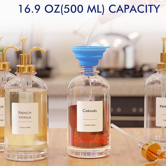 16.9 oz (500 ml) Coffee Syrup Dispenser Set - 2 Glass Bottles with Gold Pumper and Syrup Labels - Precise Dispensing and Stylish Addition to Coffee Shop, Cafe or Home Bar