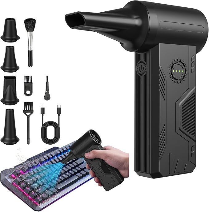 Super Power Compressed Air Duster – 110,000 RPM Cordless Electric Air Duster, 15W Fast Charging, 4 Speeds, Durable Mini Clean Duster - Replaces Canned Air for Keyboard, PC & Car Cleaning