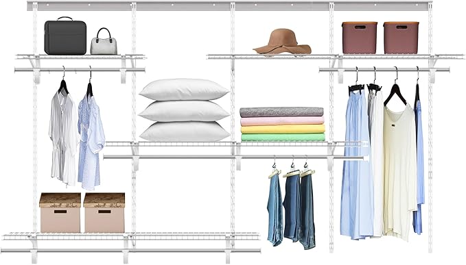 PROWORX 5-8 Ft Closet Organizer System, White Adjustable Custom Metal Wire Shelving Wall Mounted, Expandable Organization and Storage Shelf Kit with Hanging Rods