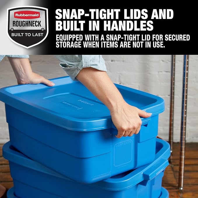 Rubbermaid Roughneck Tote 10 Gal, 6 Pack, Made in USA, Heritage Blue, Rugged Plastic Stackable Storage Bins with Lids and Handles