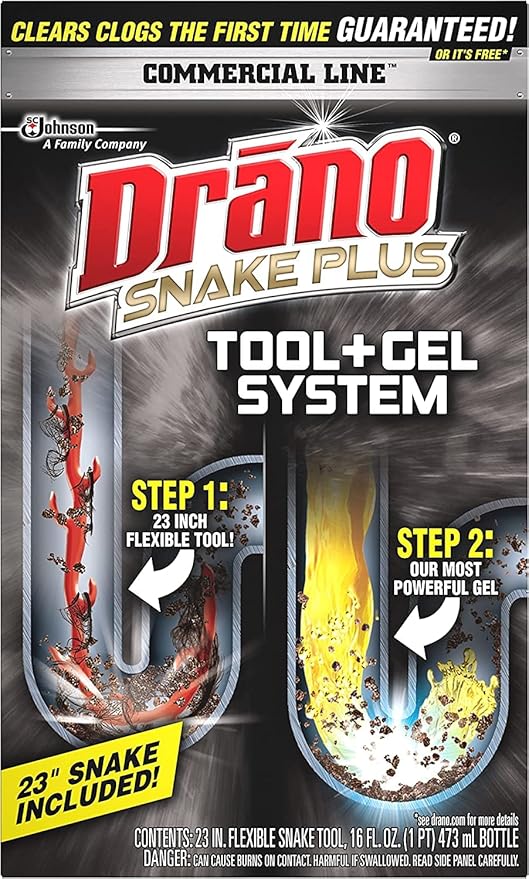Drano Snake Plus Tool and Gel System, Drain Snake with Drain Clog Remover Gel, Unclogs and Removes Hair and Blockages, Commercial Line 16 Fl oz and 23 Inch Tool