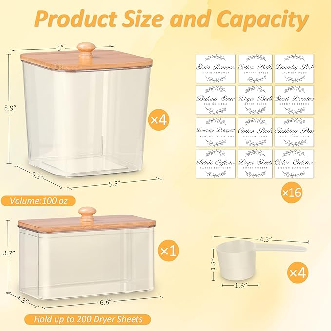 efluky 4+1 pack Laundry Pods Container & Dryer Sheet Holder Set,Clear Laundry Room Organization Containers with Bamboo Lids and Labels,Laundry Pods Holder for Scent Booster,Powder,Pod