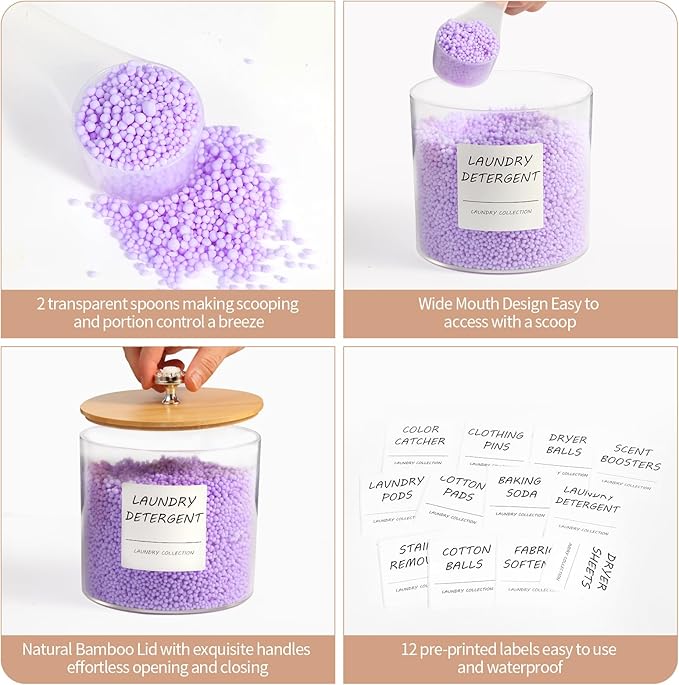 3 Pack Laundry Room Organization Storage Containers, Plastic Clear Laundry Pods Container & Dryer Sheet Holder Jars with Lids, Scoops & Labels for Detergent, Powder, Dryer Balls, Beads