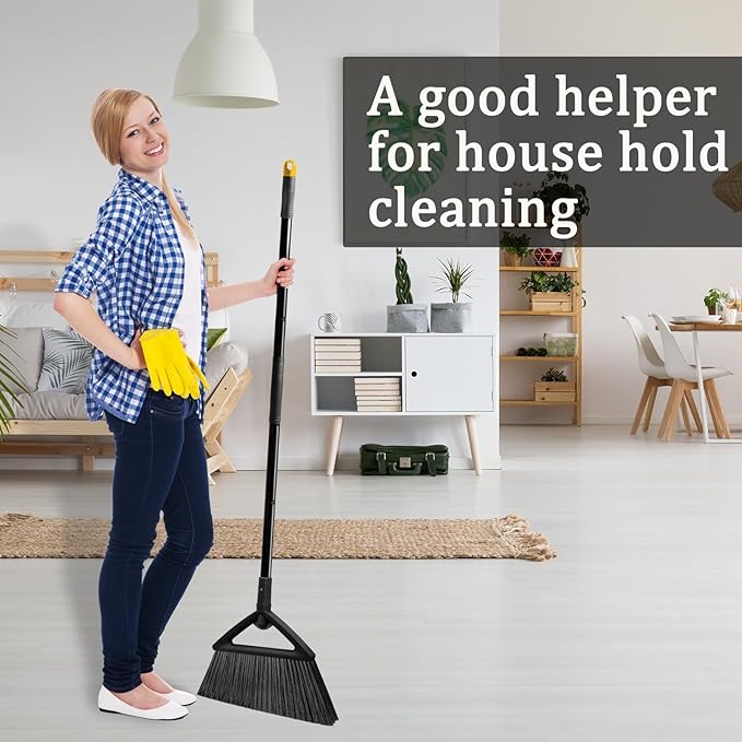 4PCS Heavy Duty Broom, Broom for Sweeeping Indoor and Outdoor, Angle Broom with Long Pole, Outdoor Broom for Courtyard/Garages/Slidewalk, Indoor Broom for Kitchen Lobby Canteen Black