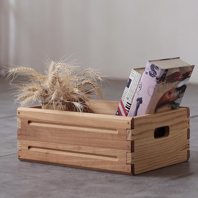 1 Pack Wooden Storage Bin of 16"x12"x6.25".Durable Open Solid Wood Box w/Handles.Farmhouse Container Shelf Baskets. Multipurpose Home Décor Organizer Crates for Display,Pantry,Book,CD
