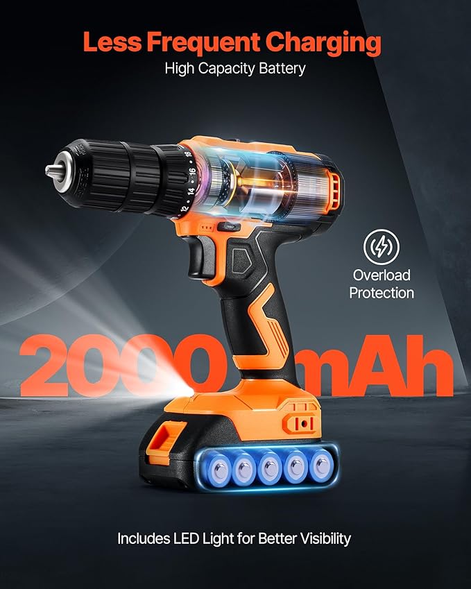 VEVOR Cordless Drill Driver, 1/2 inch Metal Chuck, Dual-Speed Variable, Drill Driver Kit with Lithium Battery and Charger, Belt Clip, for Wood and Metal Drilling, Screw Tightening or Loosening