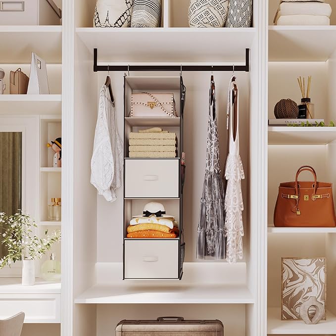 YOUDENOVA Hanging Closet Organizer, 5 Tier Hanging Closet Shelves with 6 Side Pockets and 2 Drawers, Beige
