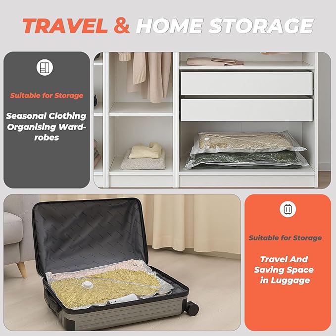 Vacbird Vacuum Seal Bags for Clothing with Rechargeable Cordless Pump, 12 Pack Compression Packing Bags, Space Saver Storage for Seasonal Clothes Bedding Blanket Pillows Comforters Luggage Travel