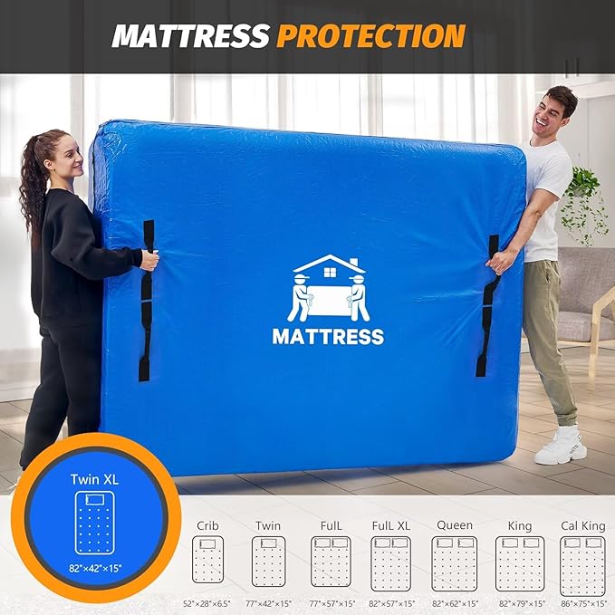 Mattress Bags for Moving, BETU Mattress Protector Waterproof Mattress Cover Twin XL Size Storage Bags with 8 Heavy-Duty Handles and Zipper for College Bed Extra Thick Large(82"x42"x15" Blue)