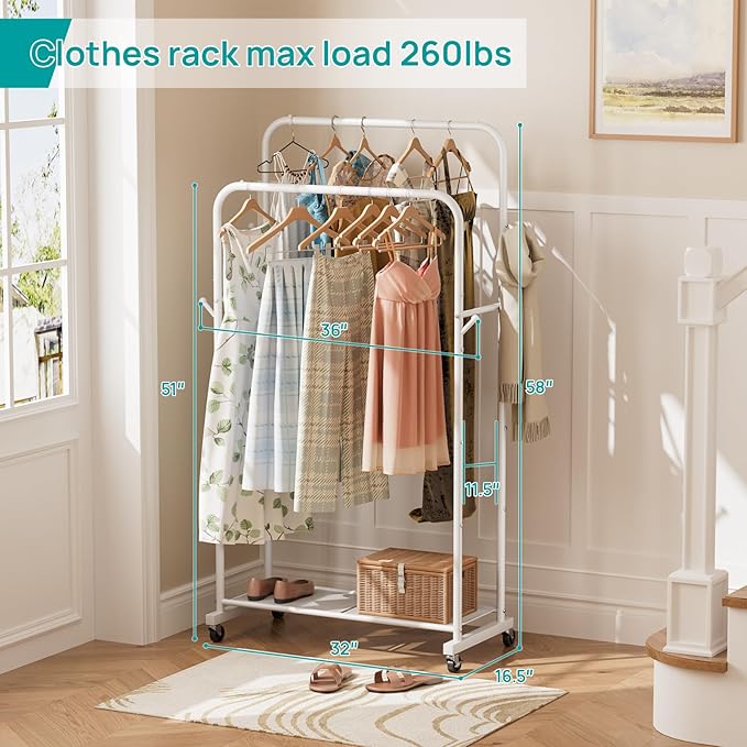 SINGAYE Clothing Rack Garment Coat Racks Drying Metal Freestanding for Hanging Clothes Portable With Wheels Closet for Laundry Bedroom White