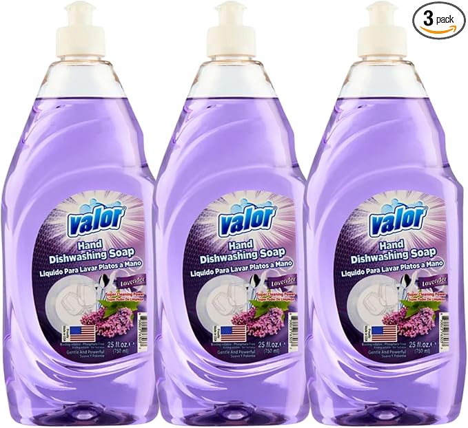 Valor Dishwashing Liquid, 25 fl oz – Dish Soap for Kitchen & Bathroom, Grease-Fighting, Gentle on Hands, Fast Rinse, Eco-Friendly Biodegradable Formula (25.5 oz (Pack of 3), Lavender)