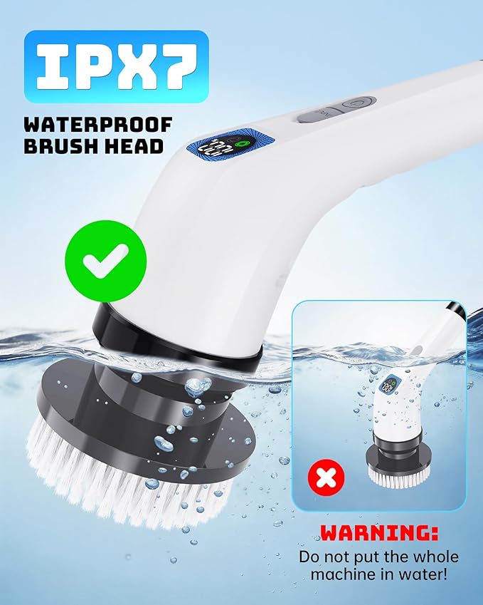 Electric Spin Scrubber, IPX7 Shower Scrubber 7 Replaceable Brush Heads-90Mins Work Time, 2-Speed Adjustable Bathroom Scrubber 3-Height Adjustable Handle Cordless Tub Scrubber for Bathtub Kitchen Glass