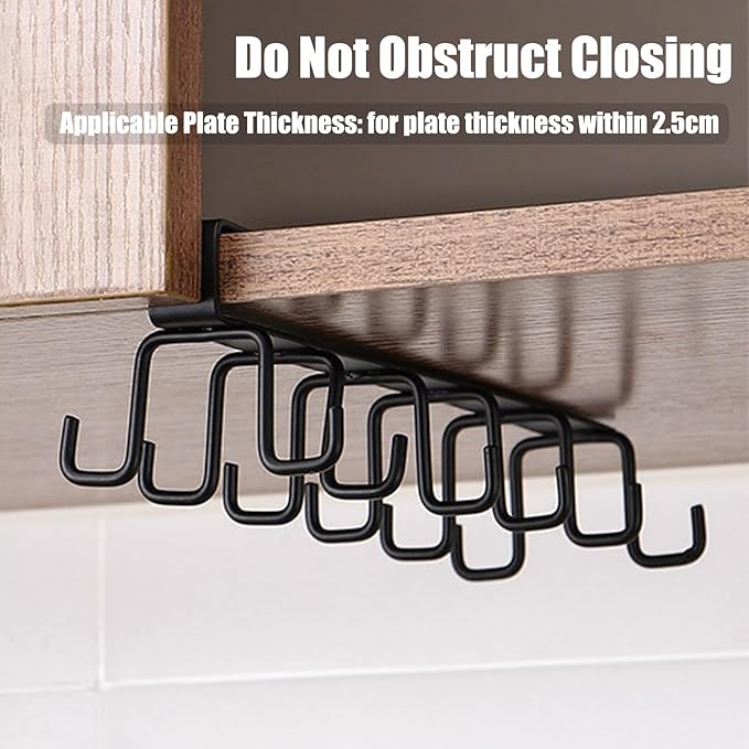 Under Cabinet Kitchen Utensil Hooks, Iron Double Row Rail Mug Holder Under Shelf Clip On Cabinet Hook Spoon Shovel Shelving for Restaurant Cup Hanging(Black)