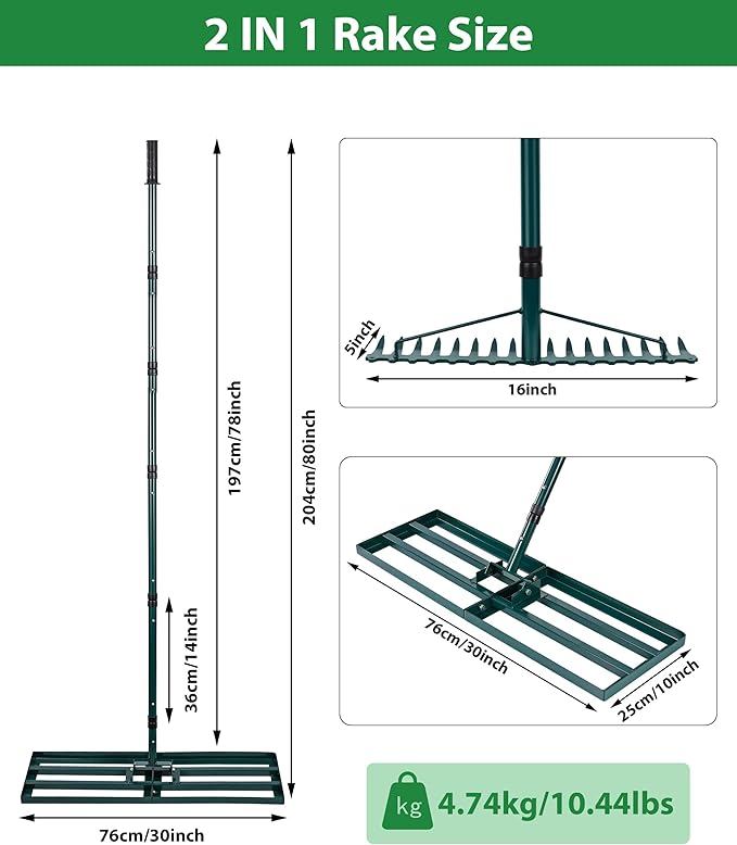 Lawn Leveling Rake, 2 Pack Heavy Duty Lawn Leveler with 30"x10" Ground Plate n 17'' Bow Head,78” Adjustable Long Handle,Level Yard Tool for Grass,Golf Field,Level Soil or Dirt Ground Surfaces-Green