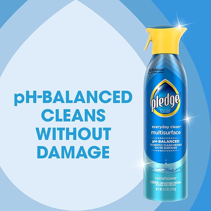 Pledge pH-Balanced Multisurface Spray, Gently Clean 101 Surfaces, Remove Dust and Messes, No Residue - Rainshower Scent, 9.7oz, Pack of 6
