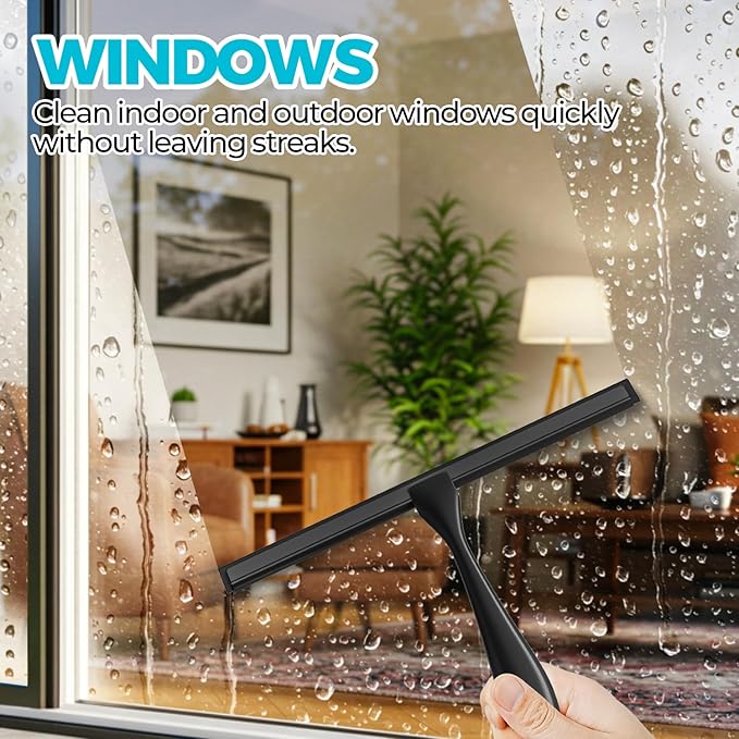 2PACK 11.5-Inch All-Purpose Shower Squeegee for Shower Doors, Bath Linen Sets, Tile Shower Walls, Bathroom, Window, Glass and Car Windshield, Mirrors and Kitchen-Stainless Steel, Black
