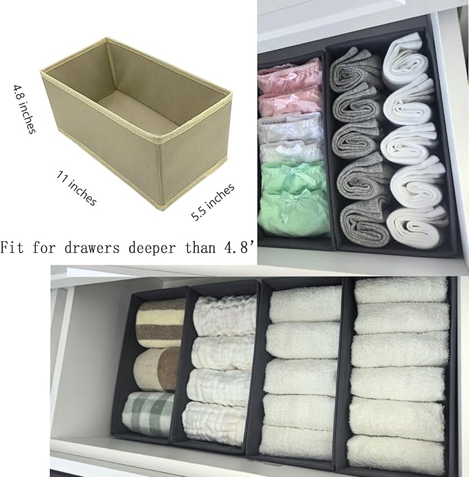 Bructhun Sock Drawer Organizer 3 Pack - Collapsible Fabric Storage Bins for Underwear Divider, Small Closet Organizers with 3 Compartments, Khaki