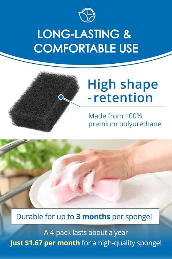 SunSun Sponge Kitchen Sponges, Made in Japan All Surface Scratch-Free Odor Resistant Durable Long-Lasting Sponge for Dishwashing, Monochrome, 4 Count